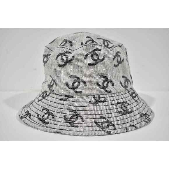 Chanel 22S Black White Grey Denim Fabric CC Logo Sun Cloche Bucket Hat Small S main image 6